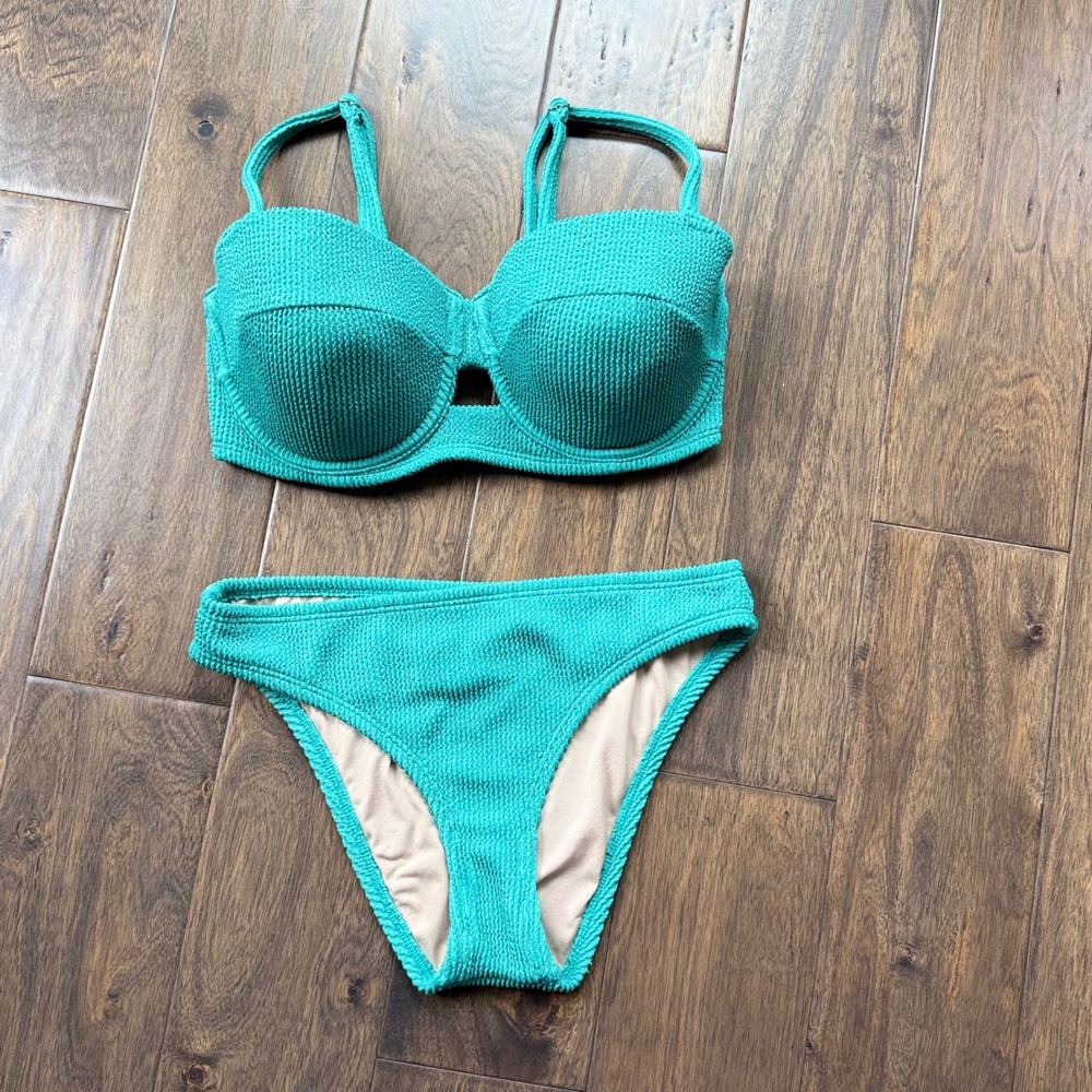 Shade & Shore Bikini Set Women 34DD/S Teal Green Excellent Smocked Underwire
